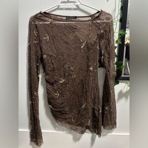 Asymmetrical brown beaded mesh top from Zara